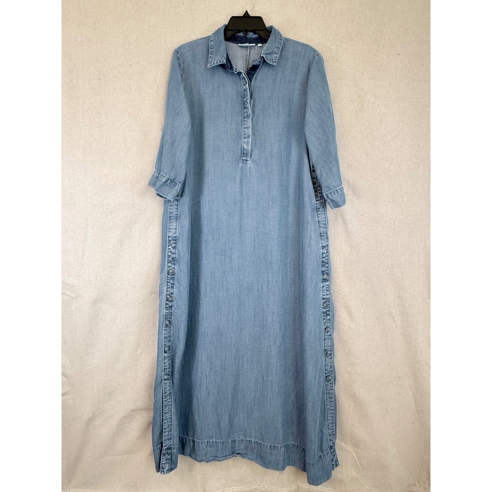 Chicos Denim Maxi Shirt Dress Light Wash Button Side Slit Womens Size 2 L 12 - Picture 1 of 13